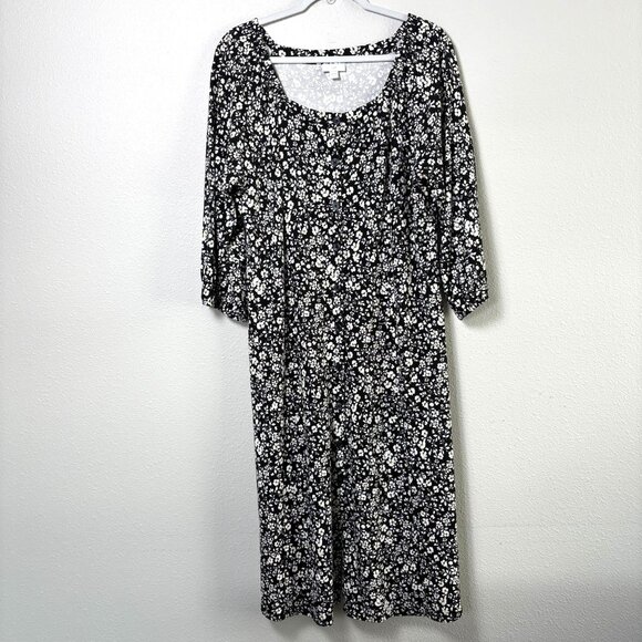 J. Jill Dresses & Skirts - J Jill Midi Dress Size L Black White Floral Button Front 3/4 Sleeve Cottage